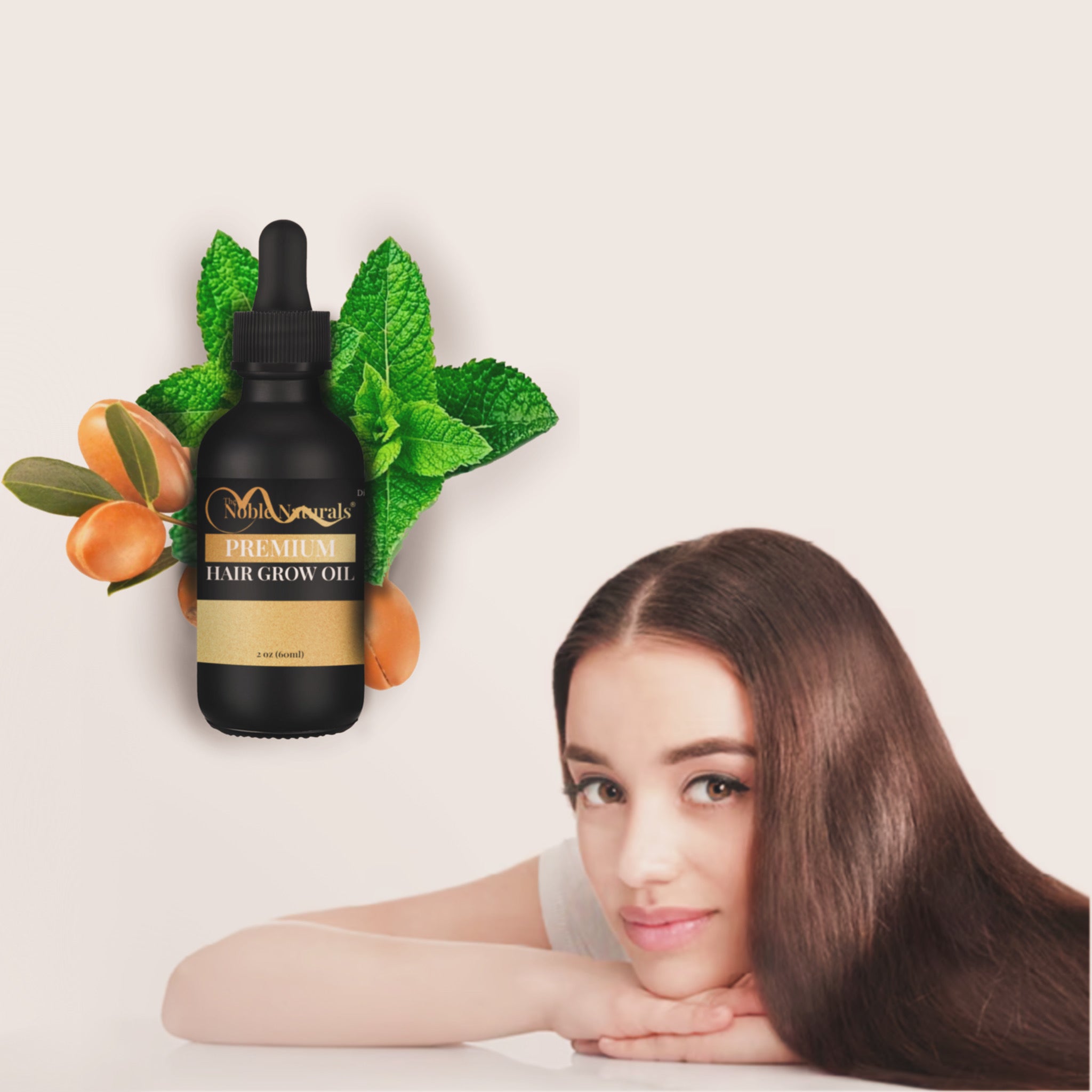 Hair growth oil bottle with a woman and green leaves on a beige background