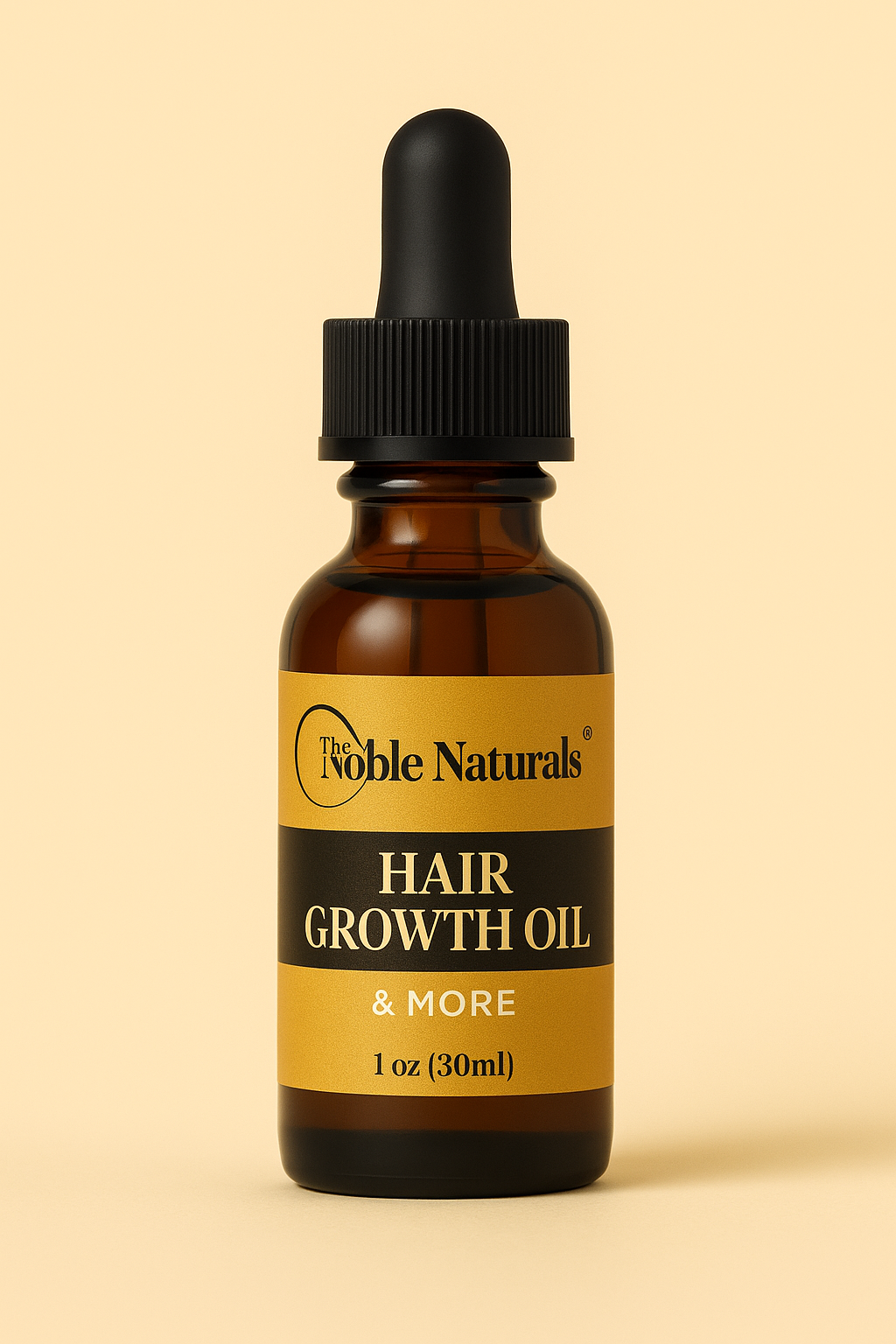 1 oz amber dropper bottle of The Noble Naturals® Hair Growth Oil on a soft beige background