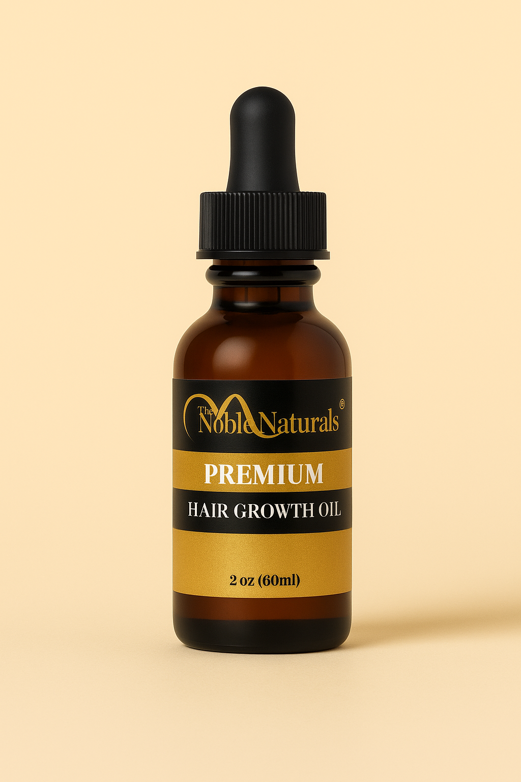 2 oz amber glass dropper bottle of The Noble Naturals® Hair Growth Oil displayed in a clean, natural product shot